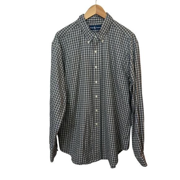 Vintage Ralph Lauren‎ Flannel Gray Blue Plaid Button Down Classic Fit Mens XXL - Picture 1 of 6